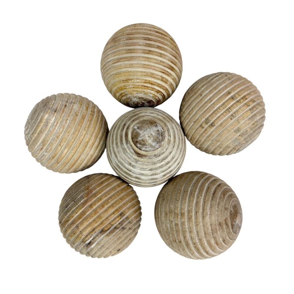 Set of 6 Ribbed Wooden Decorative Orbs Natural 4 Inch Striped Bowl Fillers